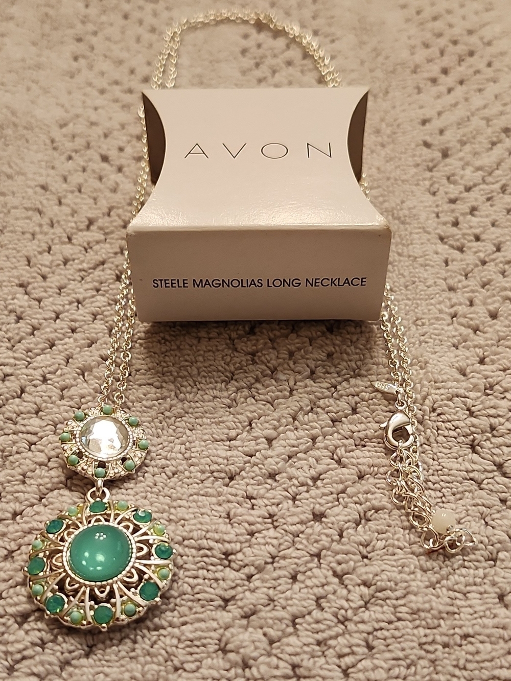 Magnolia Silver-Tone Green Cabochon Double Drop Necklace 0214